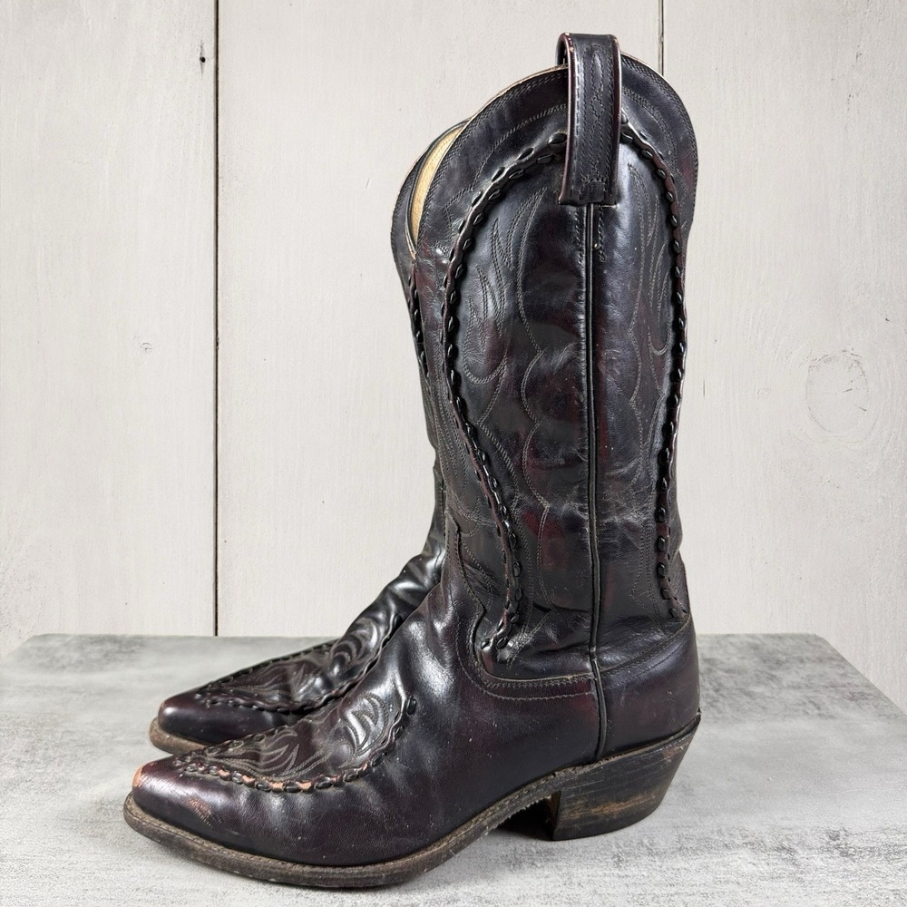 Vintage Dan Post Black Cherry Cowboy Boots Men's 8 D Buckstitched 16669 USA Made